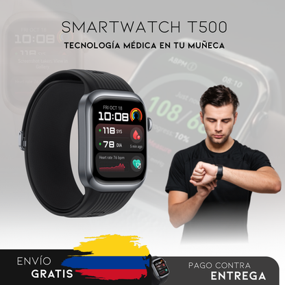 SmartWatch T500 – Monitor Médico 3 en 1 (Glucosa, Presión, Riesgo de ACV) | Menú en español